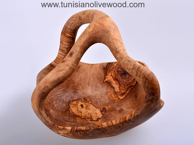 Tunisian olive wood fruit/bread bowl/basket with handle